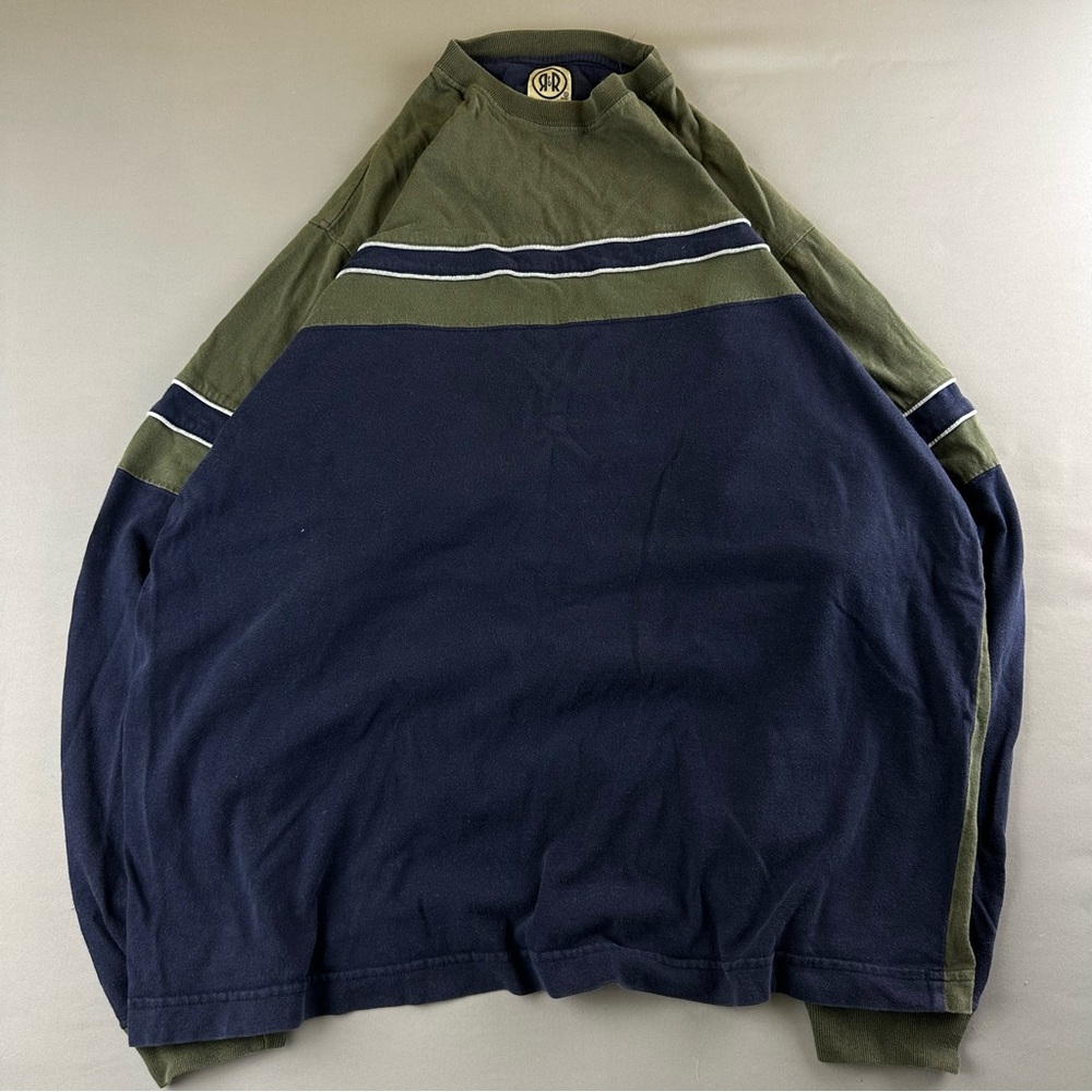 R&R Mens Medium Olive Green Navy Blue Striped Long Sleeve Shirt